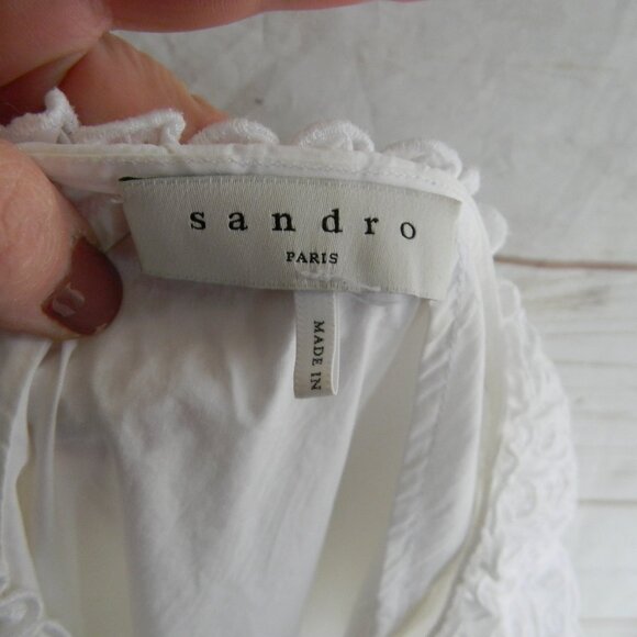 SANDRO COTTON EYELET LACE RUFFLE PEASANT BOHO DRESS SZ 38 US 6 - Picture 5 of 6